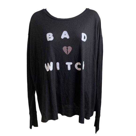 WILDFOX Revolve Women's Oversized Black BAD WITCH Slouchy Thermal Top Size S - Picture 2 of 12